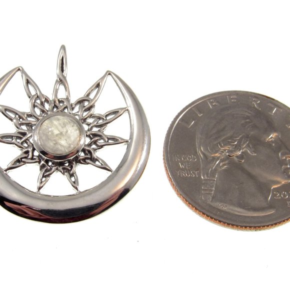 Solid 925 Sterling Silver Celtic Star on Crescent Moon with Moonstone Pendant - Picture 2 of 5